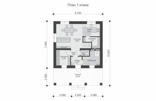 Одноэтажный дом с мансардой, террасой и кабинетом