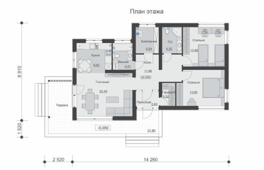 Одноэтажный дом с двумя спальнями, террасой и просторной гостиной